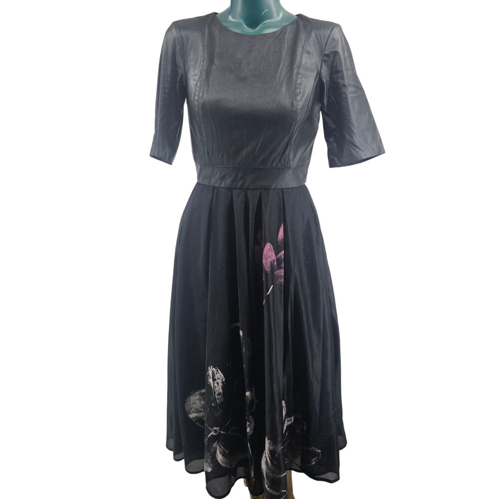 Jeanne D'arc Black Floral Midi Dress Fit & Flare Women's Size 36 6 S 3445